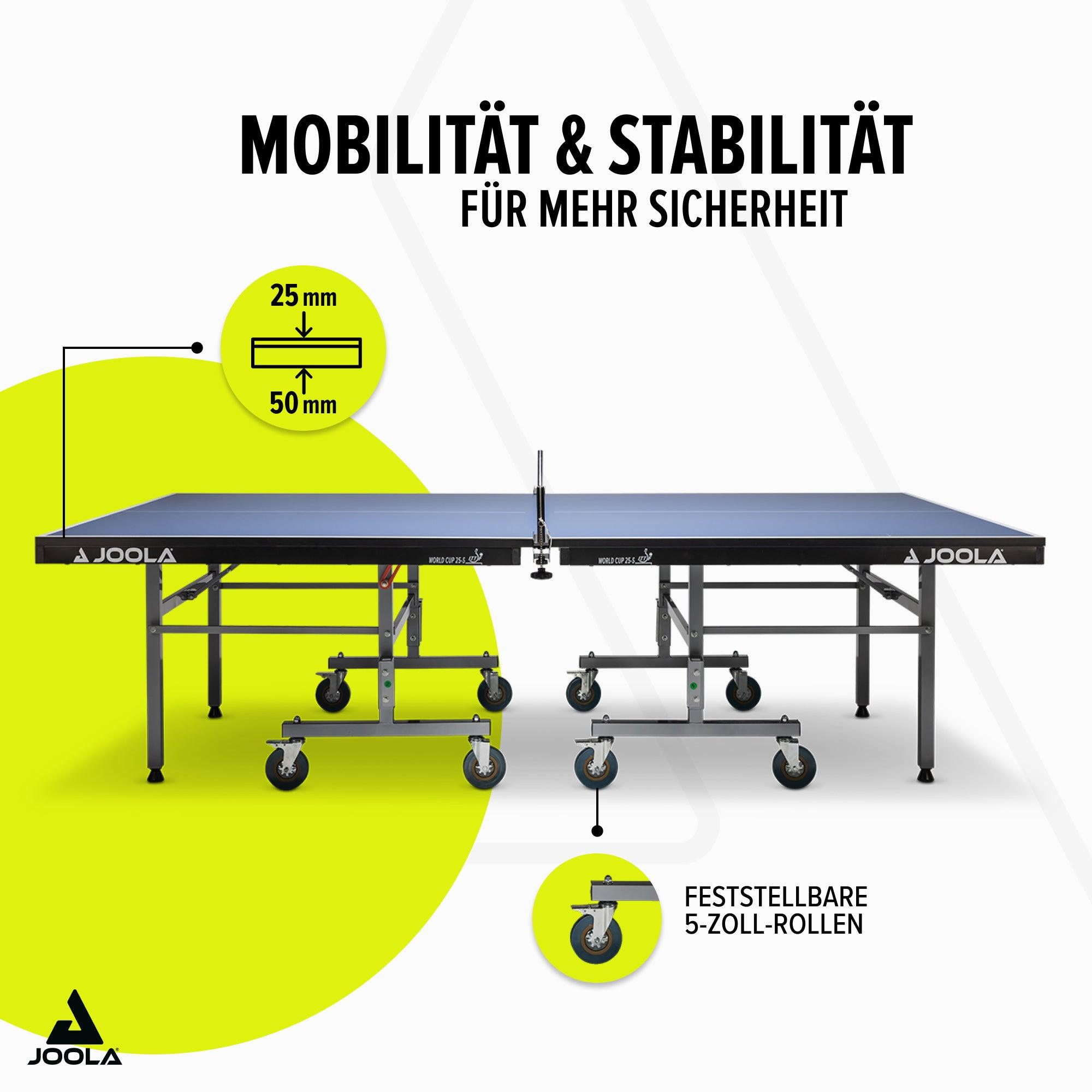 Tischtennisplatte JOOLA World Cup 25 S mit 25x50 mm Rahmen und feststellbaren 5-Zoll-Rollen.