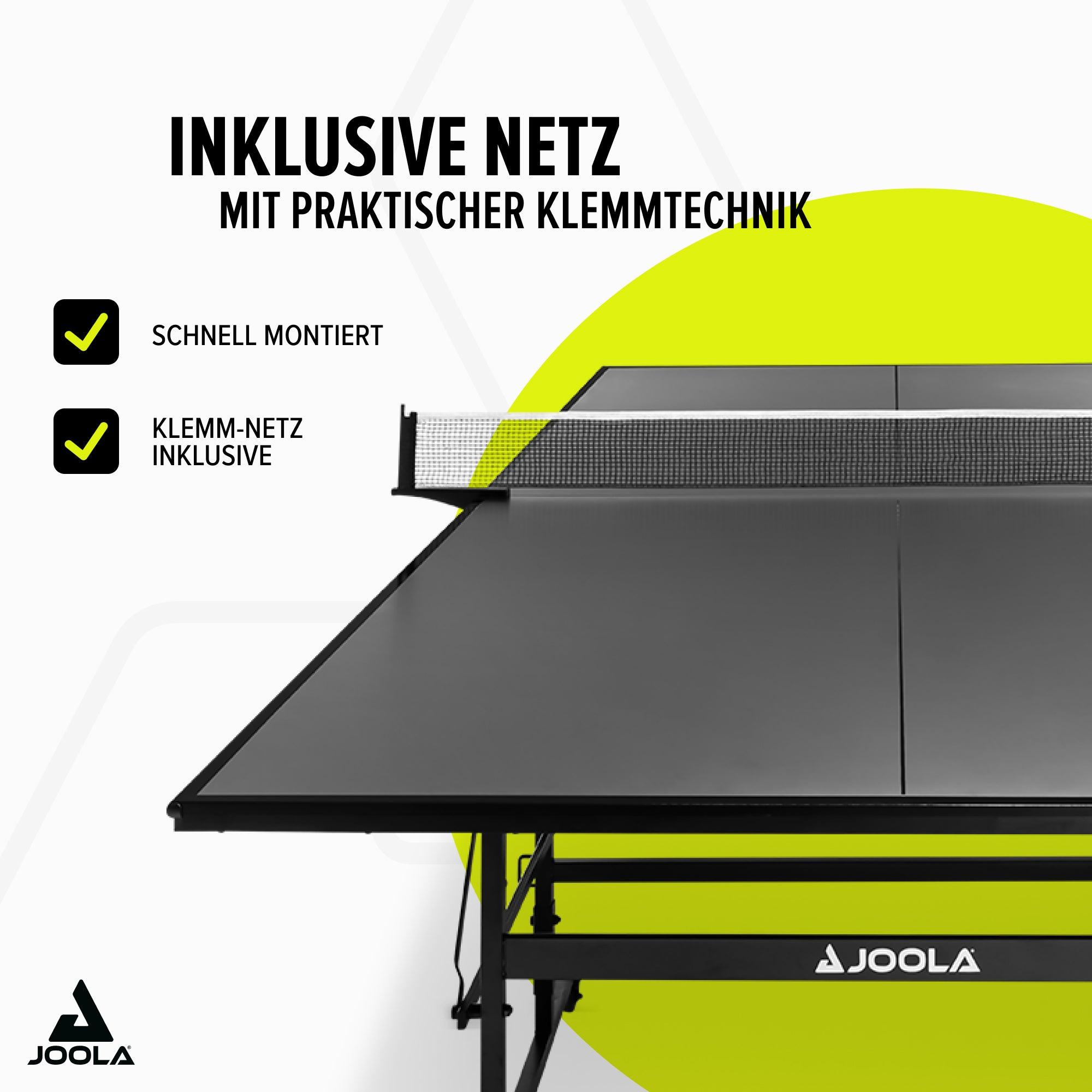 Schwarzer JOOLA Tischtennistisch mit inklusive Netz und praktischer Klemmtechnik, hervorgehoben durch Text und Icons.