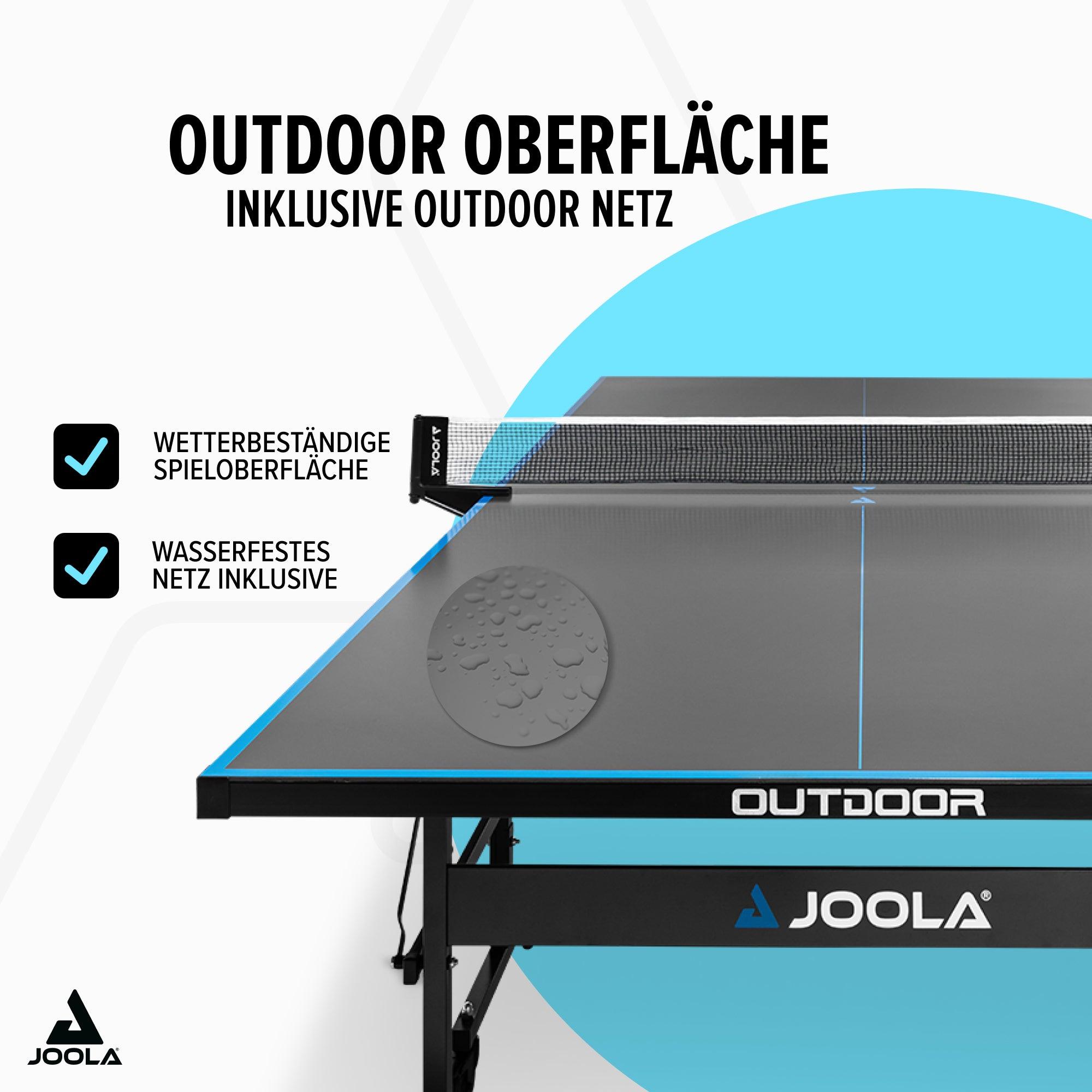 Outdoor-Tischtennisplatte mit wetterbeständiger Spielfläche und wasserfestem Netz von JOOLA.