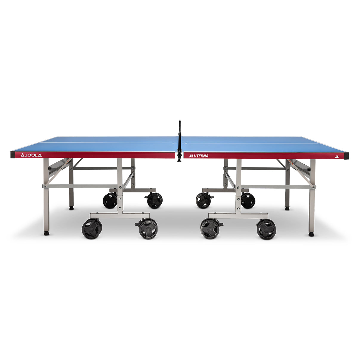 Blauer JOOLA Aluterna Tischtennistisch mit rotem Rahmen und vier schwarzen Rollen, frontal aufgenommen.
