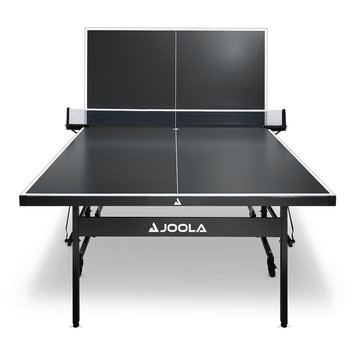 Schwarzer Joola Tischtennistisch mit Netz, weiße Spielfeldmarkierungen, faltbar, frontal aufgenommen.