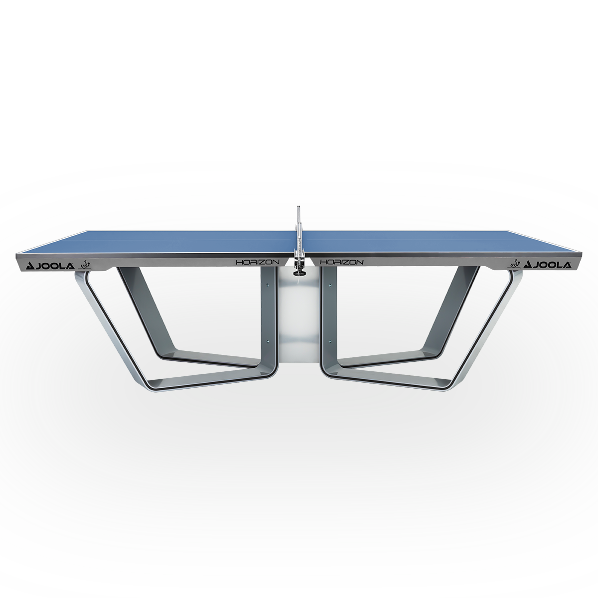 Moderner blauer JOOLA Horizon Tischtennistisch mit silbernem Rahmen und einzigartigem, geschwungenem Untergestell.