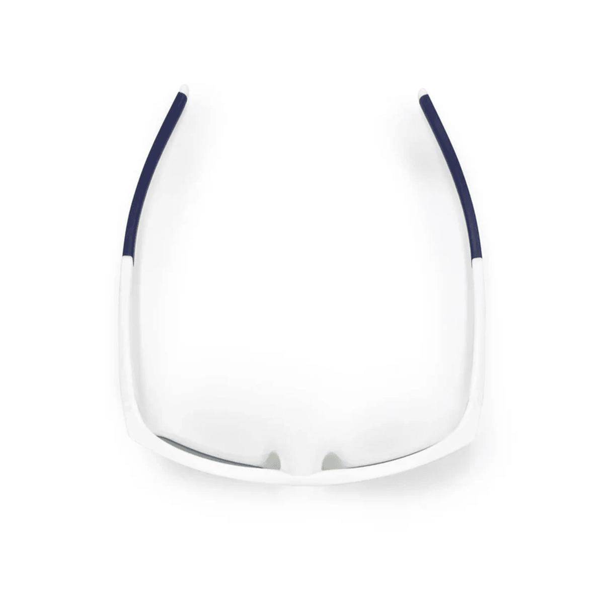 Weiß-blaue Sportsonnenbrille von oben fotografiert.