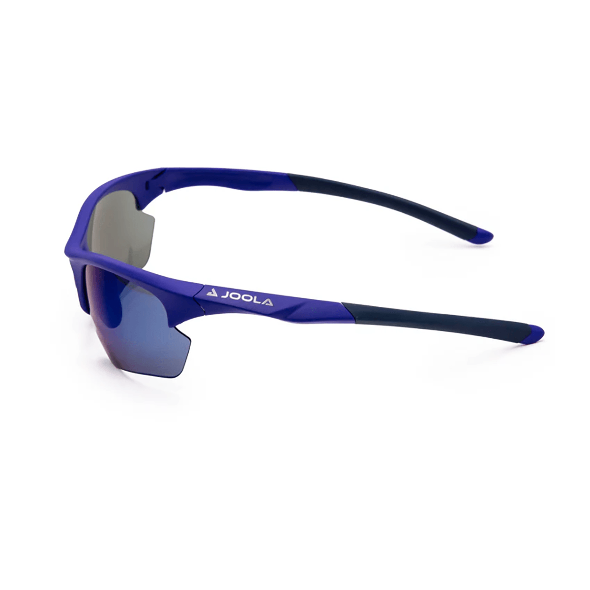 Sportliche, halb rahmenlose Sonnenbrille in Blau mit verspiegelten Gläsern und schwarzem Bügelende, Marke JOOLA.