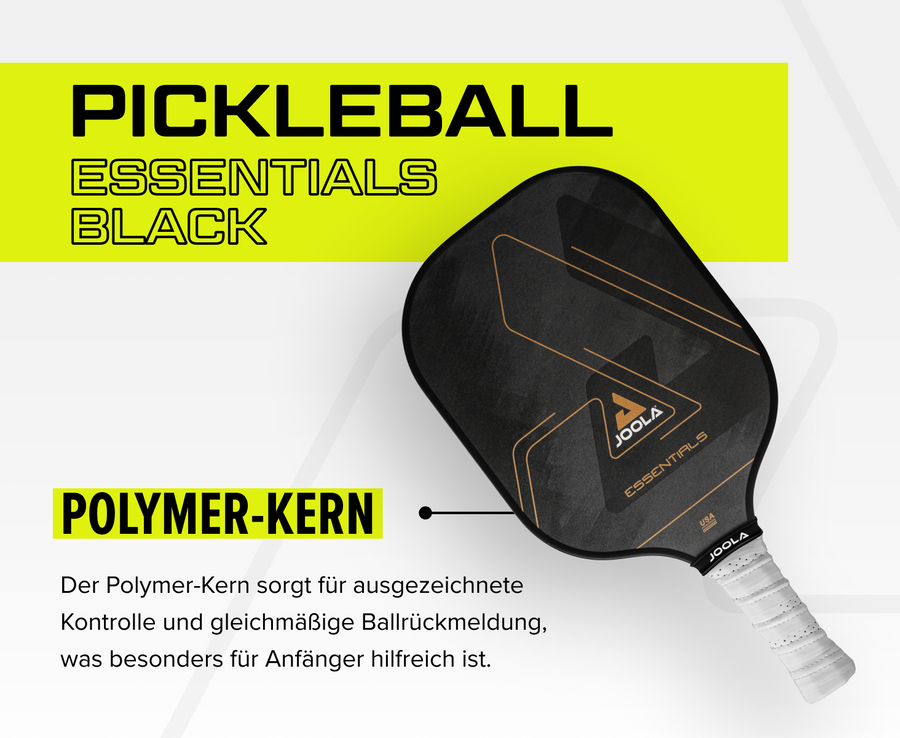 Pickleball-Schläger JOOLA Essentials Black mit Polymer-Kern für optimale Kontrolle und gleichmäßige Ballrückmeldung.