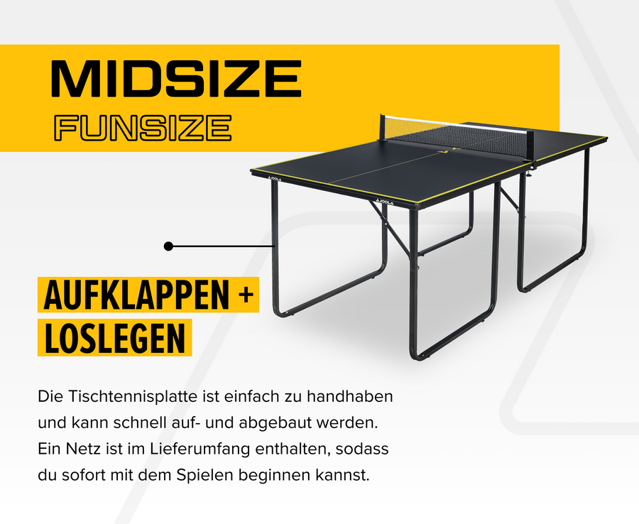 Kompakter Midsize Tischtennistisch mit Netz, klappbar und schnell einsatzbereit, schwarz mit gelben Akzenten.