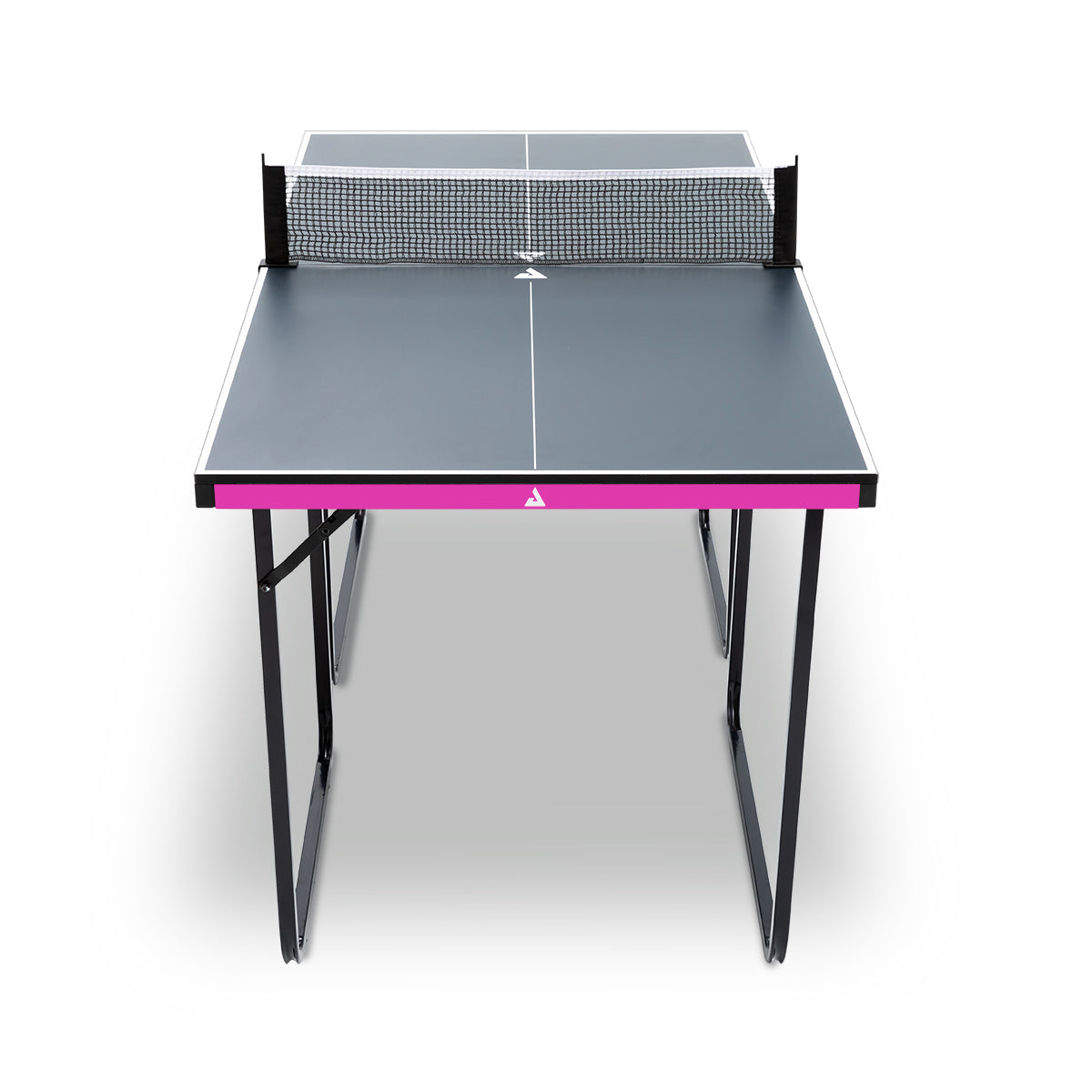 Kleiner, faltbarer Tischtennistisch mit grauer Spielfläche, schwarzem Netz und pinkfarbener Zierleiste.