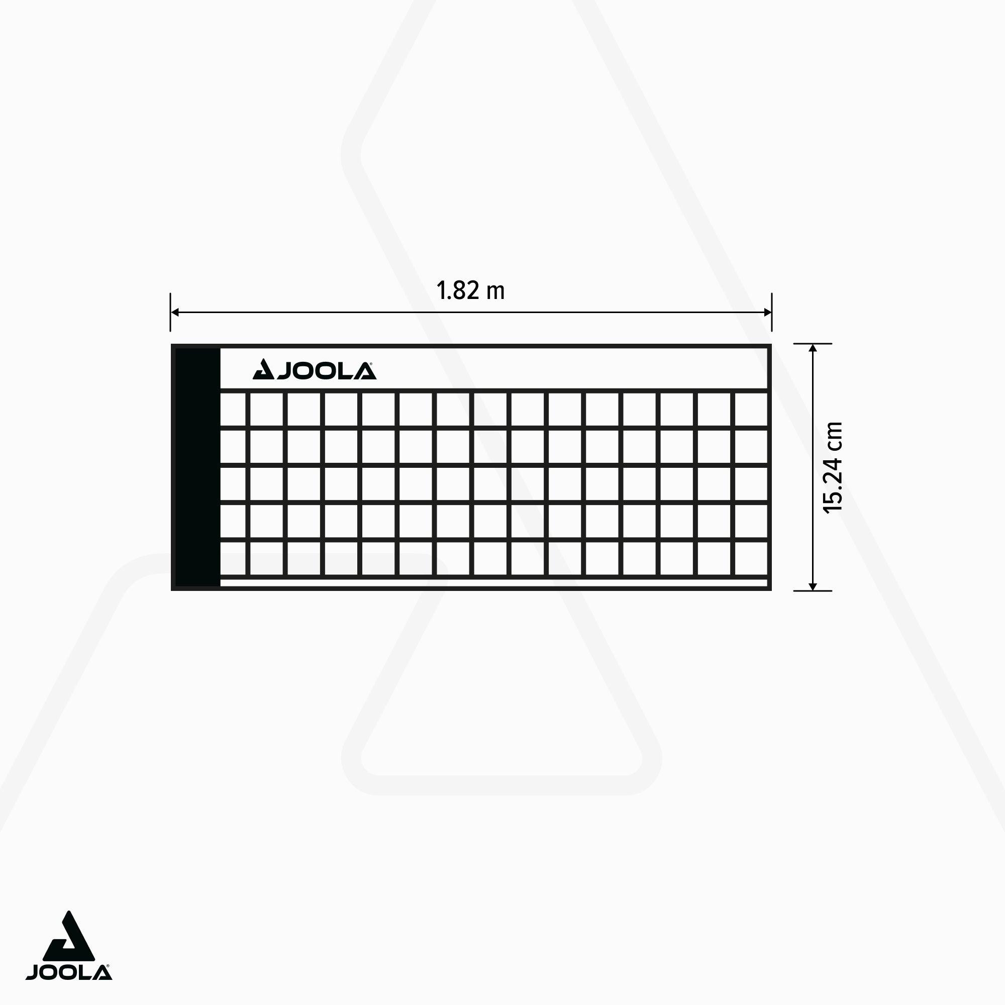 Tischtennisnetz von JOOLA mit den Maßen 1,82 Meter Breite und 15,24 Zentimeter Höhe.