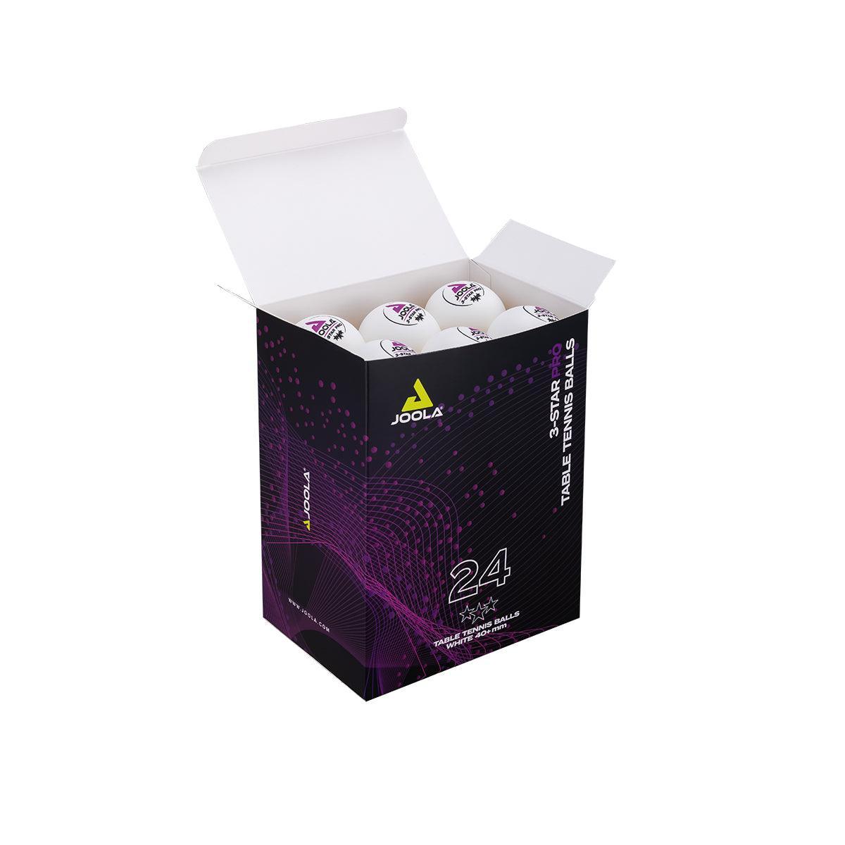 Offene Verpackung mit 24 weißen Joola 3-Sterne Tischtennisbällen.