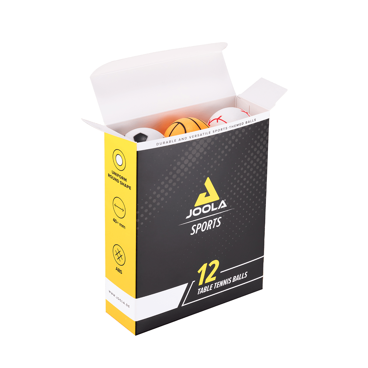 Offene Verpackung mit 12 Tischtennisbällen in Sportdesigns (Fußball, Basketball, Baseball).