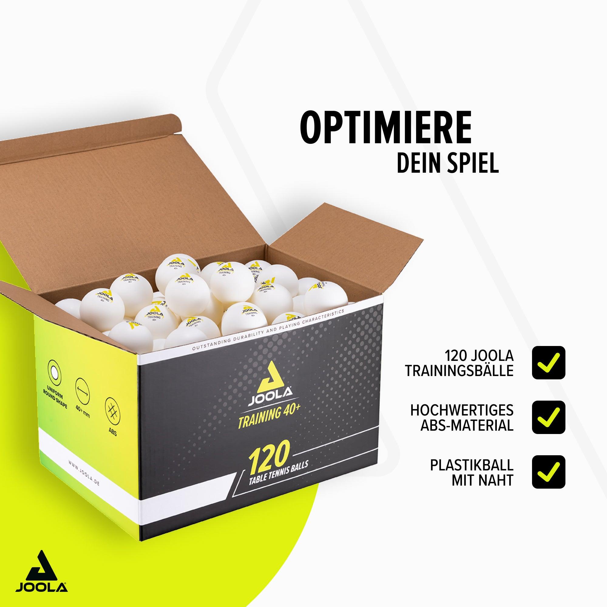 Offene Verpackung mit 120 weißen Joola Training Tischtennisbällen aus hochwertigem ABS-Material.
