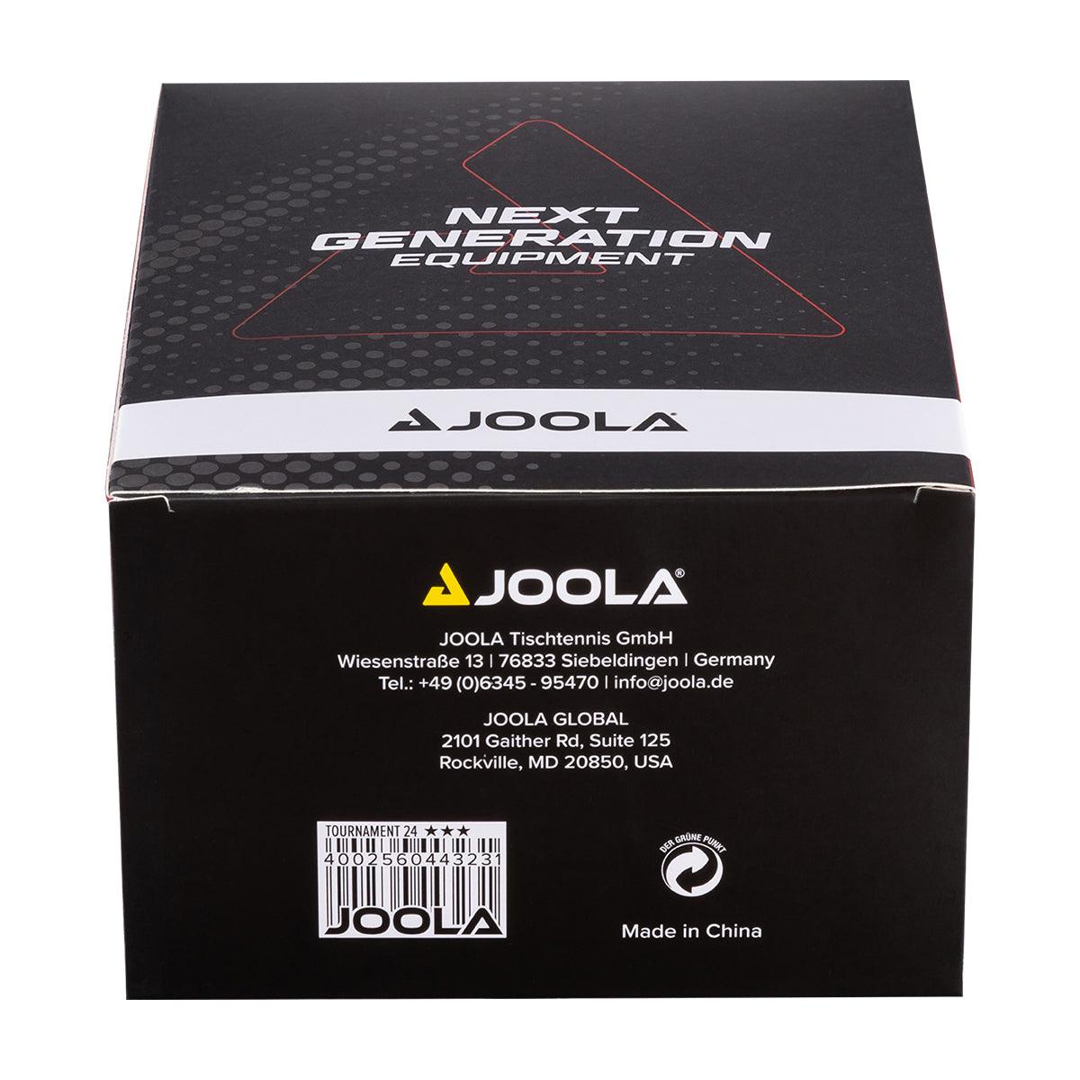 Schwarze Verpackung mit Aufschrift "JOOLA" und Kontaktdaten des Tischtennis-Herstellers.