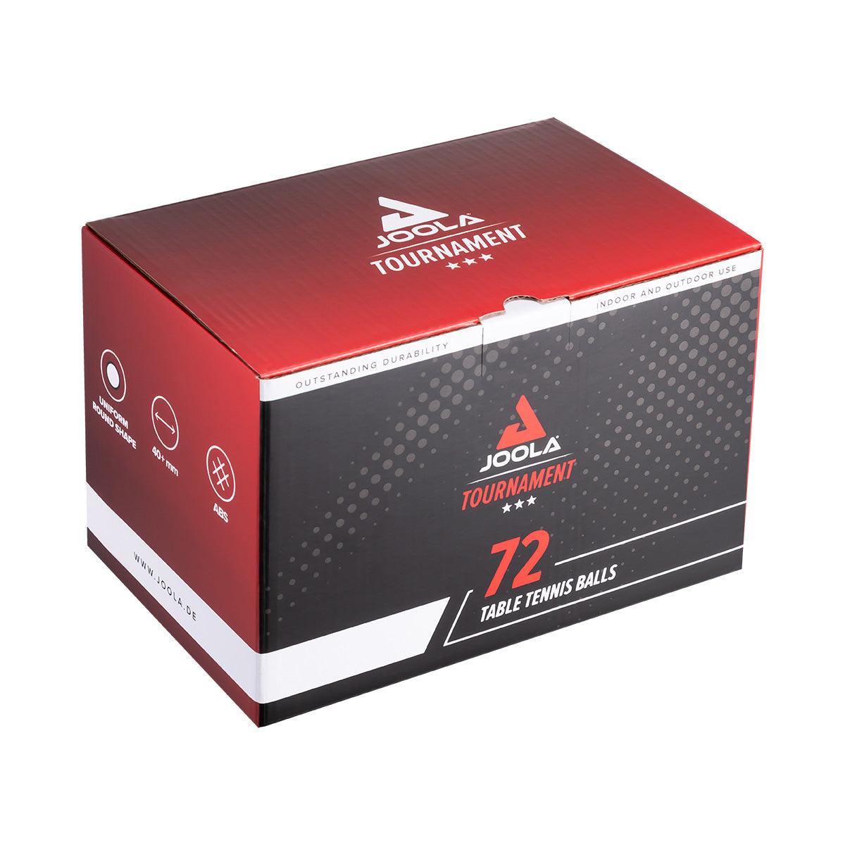 Verpackung mit 72 JOOLA Tournament Tischtennisbällen, rot-schwarz, für Indoor- und Outdoor-Einsatz.