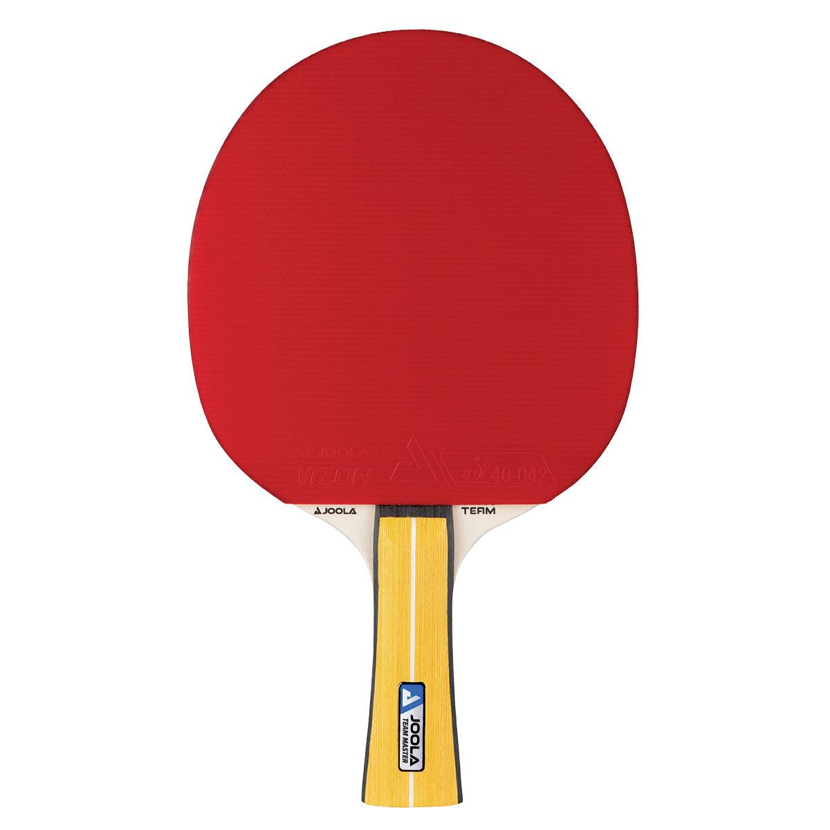 Rotes Tischtennisschlägerblatt mit gelbem Holzgriff, Marke JOOLA.