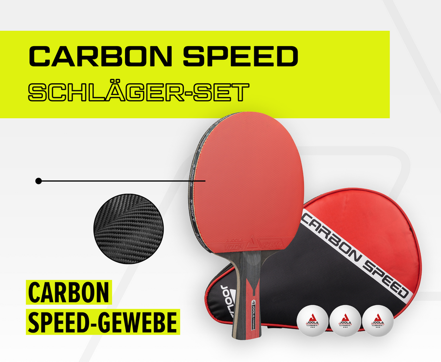Tischtennisschläger-Set Carbon Speed mit Carbon Speed-Gewebe, Schlägerhülle und drei weißen Bällen.