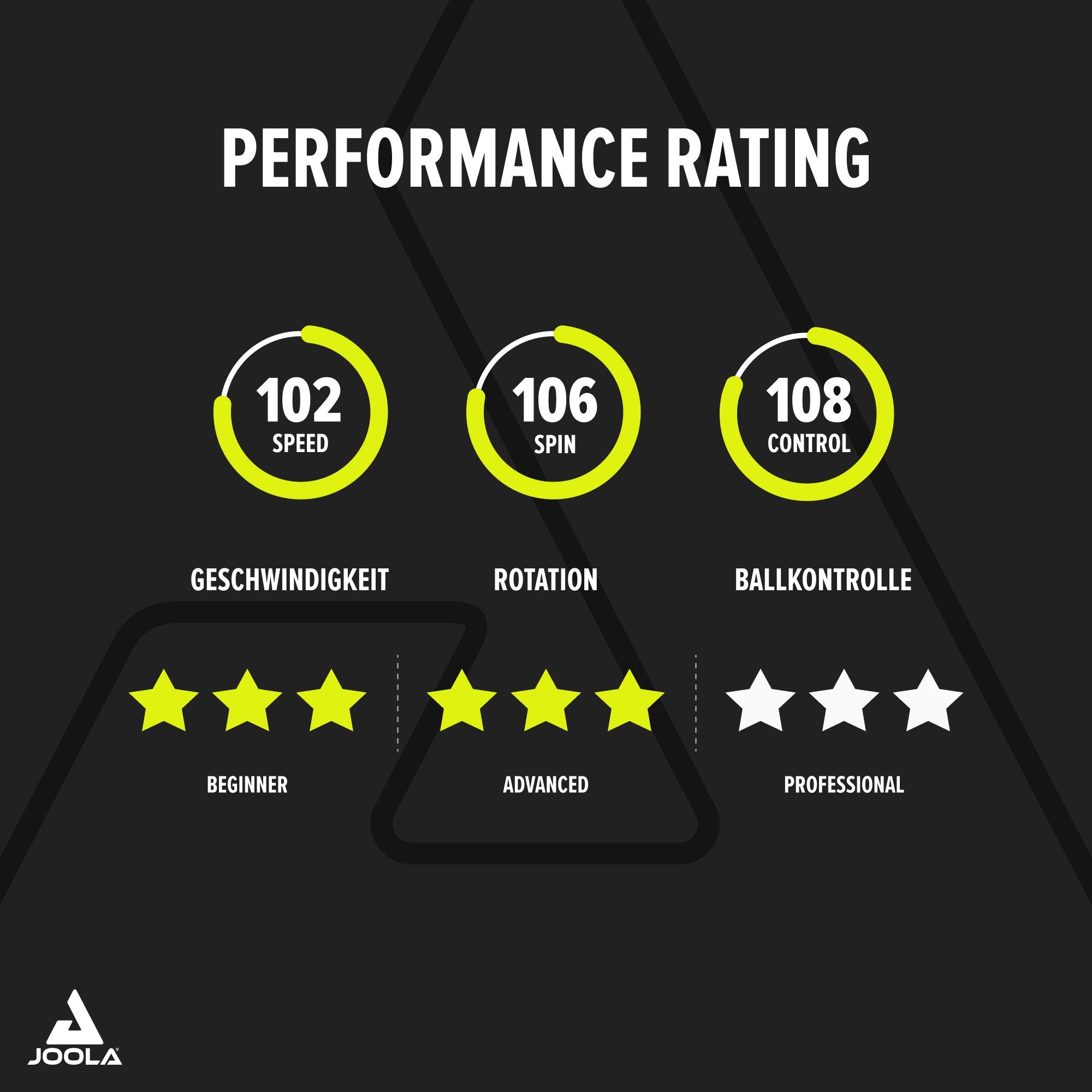 Performance-Bewertung mit Werten für Geschwindigkeit (102), Rotation (106) und Ballkontrolle (108) sowie Sternenbewertungen für Anfänger, Fortgeschrittene und Profis.