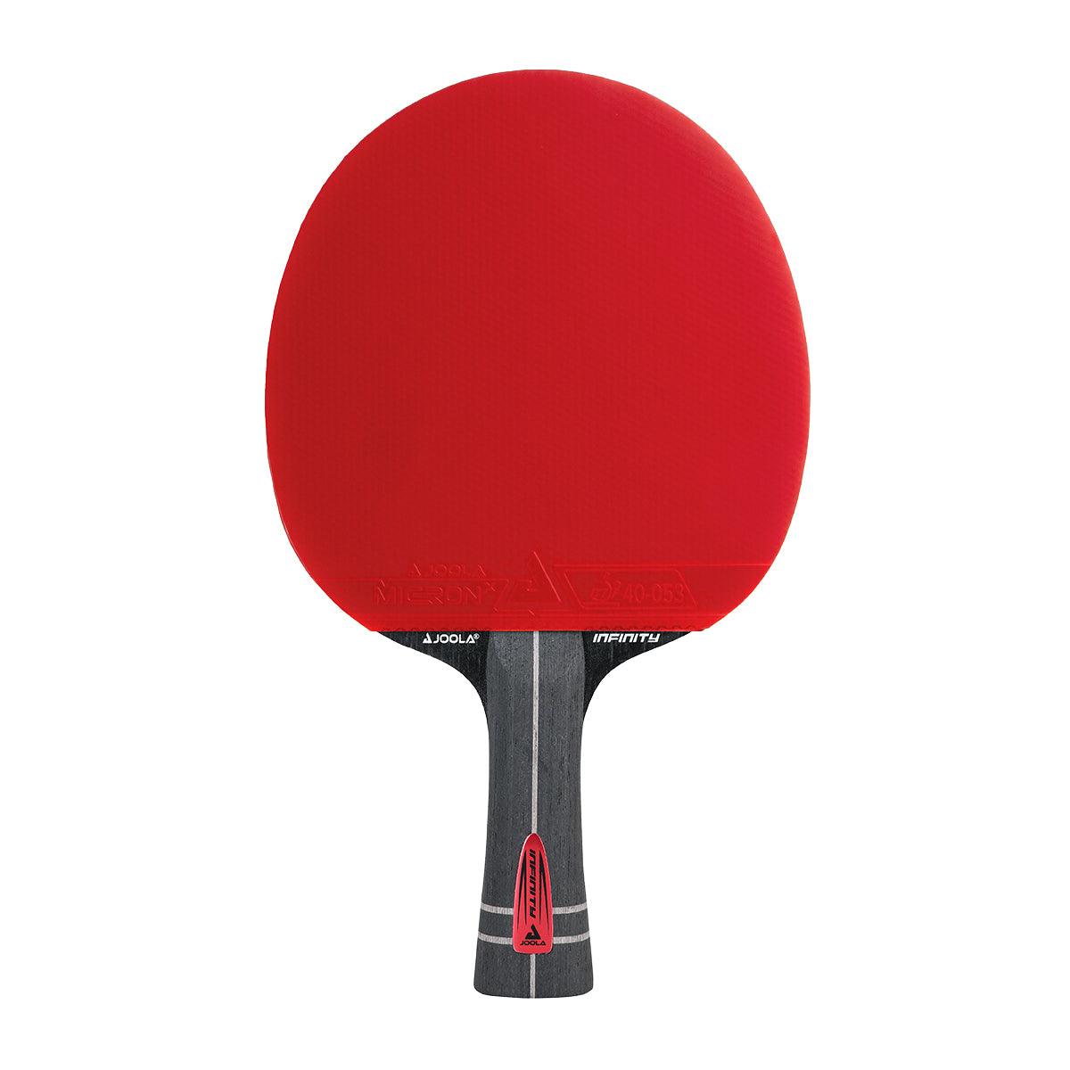 Tischtennisschläger mit rotem Belag und schwarzem Griff.