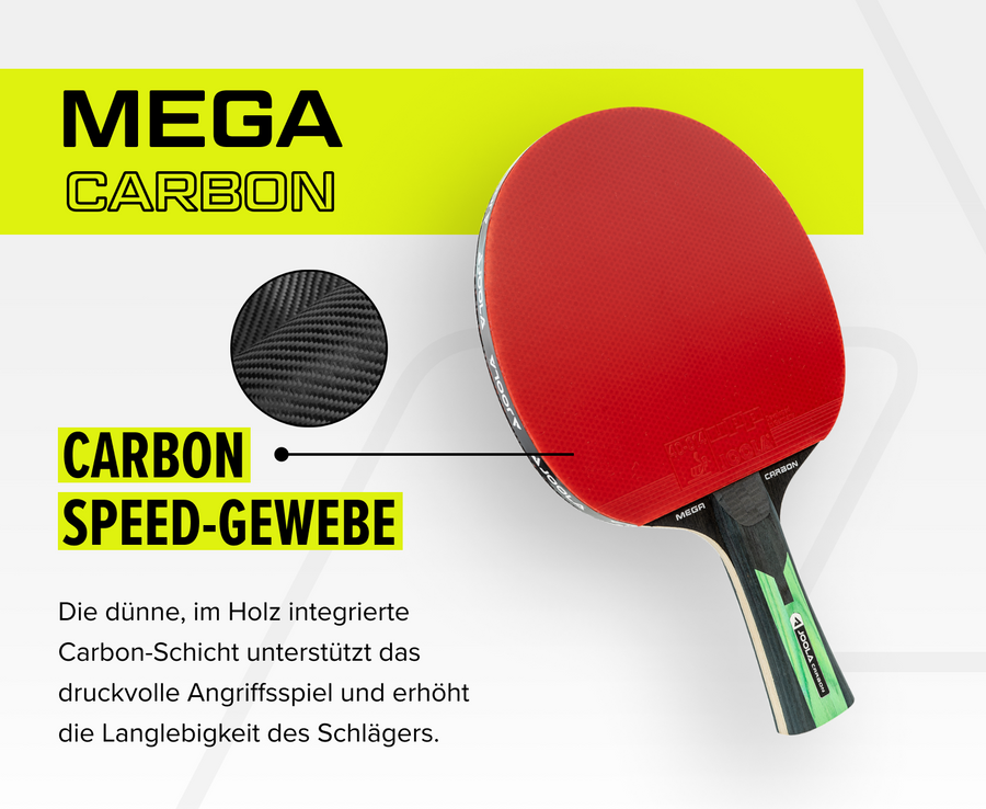 Tischtennisschläger Mega Carbon mit rotem Belag und integriertem Carbon-Speed-Gewebe für mehr Power und Langlebigkeit.