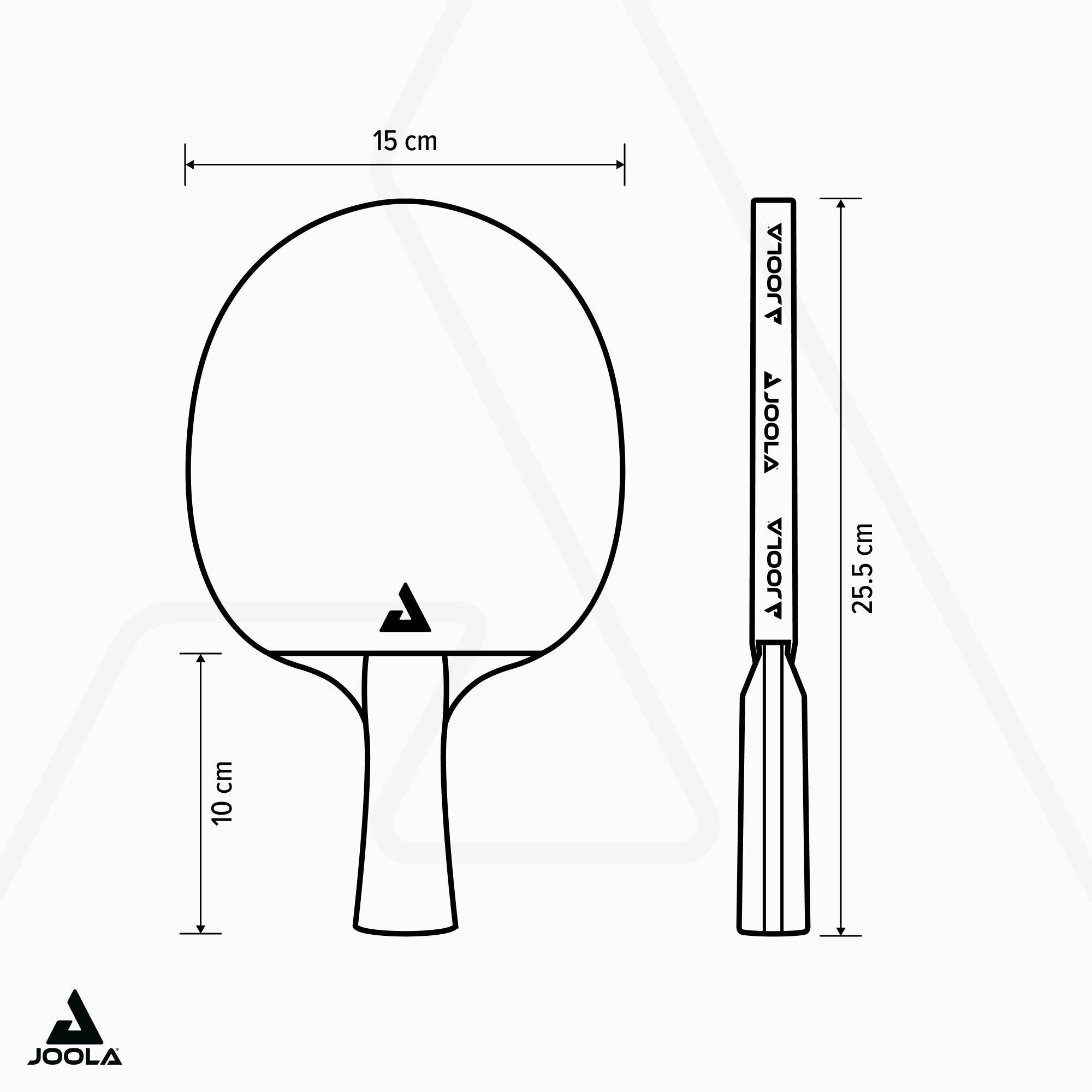 Skizze eines JOOLA Tischtennisschlägers mit den Maßen: 15 cm Breite, 25,5 cm Länge und 10 cm Griffhöhe.