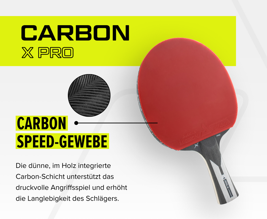 Tischtennisschläger Carbon X Pro mit rotem Belag und integrierter Carbon Speed-Gewebe-Schicht für mehr Angriff und Langlebigkeit.