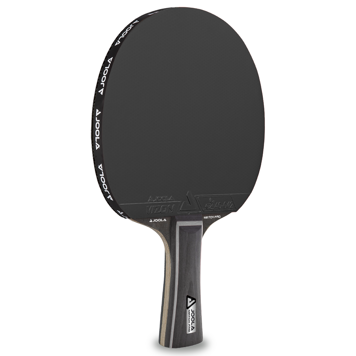 Tischtennisschläger JOOLA Vizon Match Pro mit schwarzem Belag und Holzgriff.