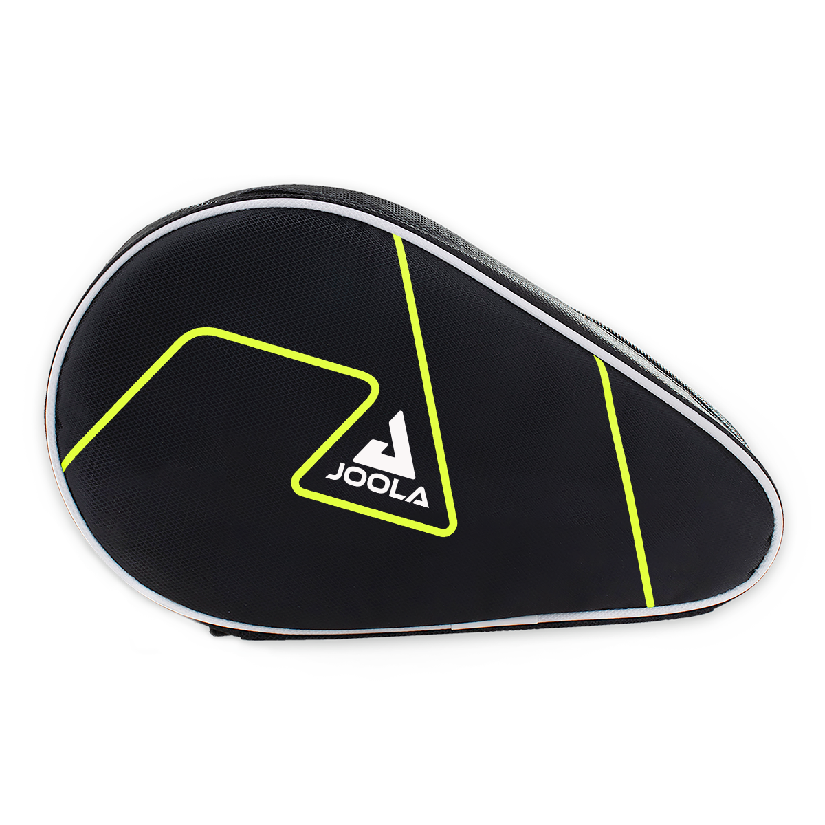 Schwarze JOOLA Schlägertasche mit gelben Linien und weißem Logo, passend für Tischtennisschläger.