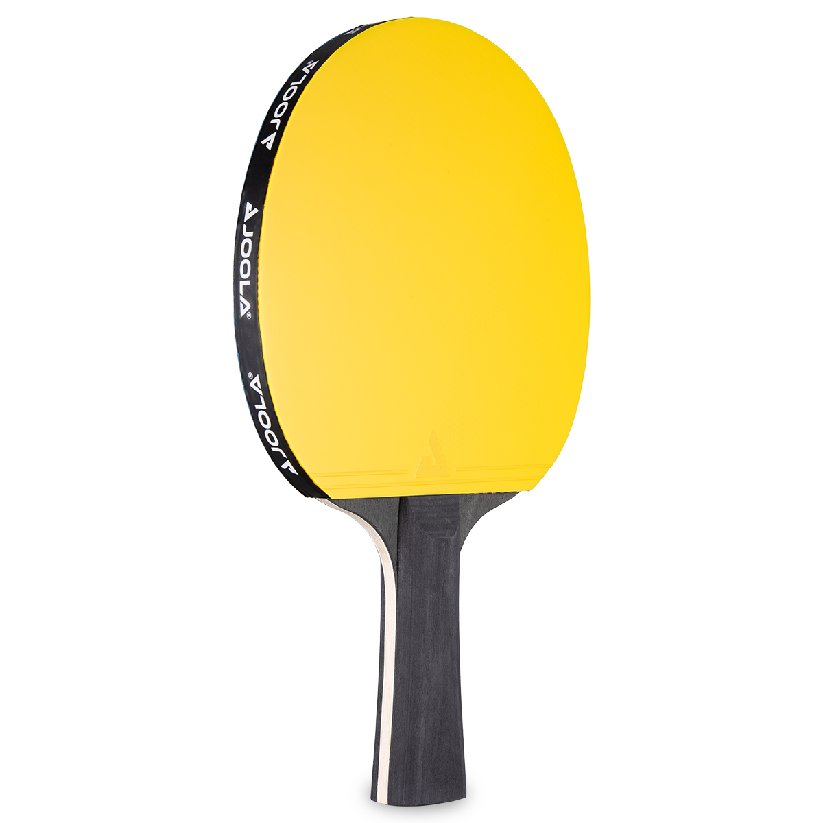 Gelbes JOOLA Tischtennisschlägerblatt mit schwarzem Griff und schwarzem Rand mit weißem JOOLA-Logo.