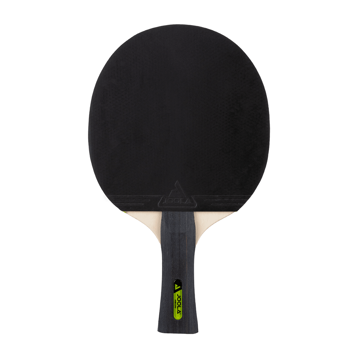 Tischtennisschläger mit schwarzem Belag und schwarzem Griff mit grünem JOOLA-Logo.