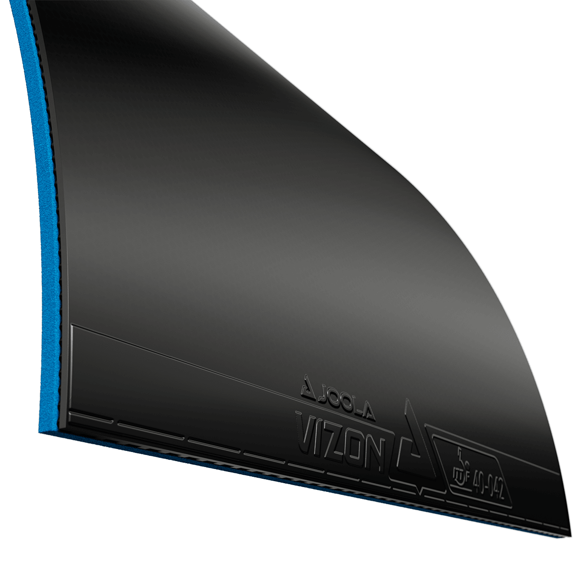 Schwarzer JOOLA Vizon Tischtennisbelag mit blauer Schwammunterseite, Nahaufnahme.