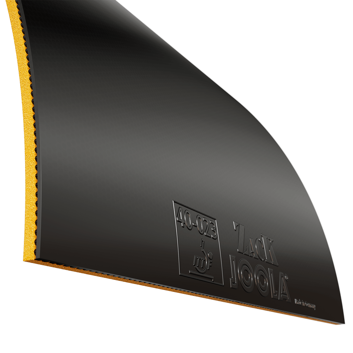 Schwarzer JOOLA Zack Tischtennisbelag mit oranger Schwammunterlage, Nahaufnahme.
