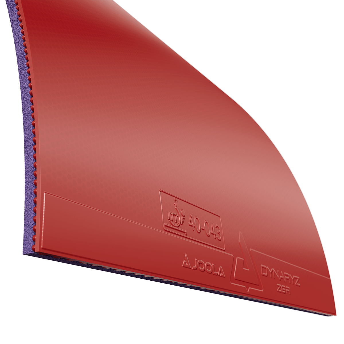 Rote JOOLA Dynaryz Tischtennisbelag mit blauer Schwammunterseite und ITTF-Zulassungsstempel.