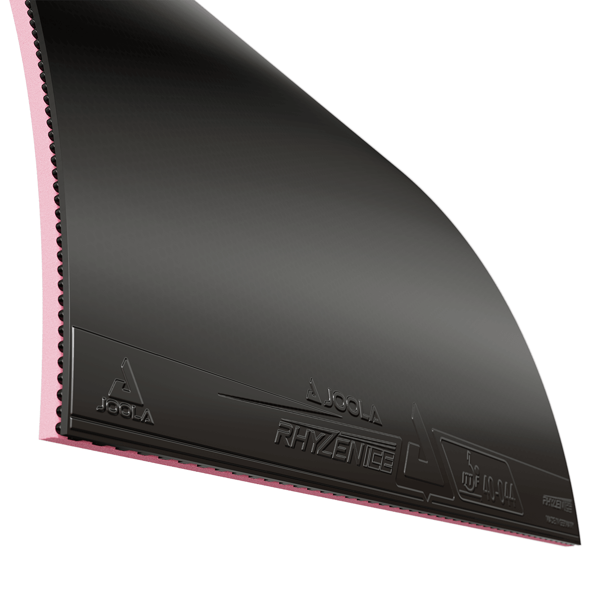 Schwarze JOOLA Rhyzence Tischtennisbelag mit pinkem Schwamm, Nahaufnahme.