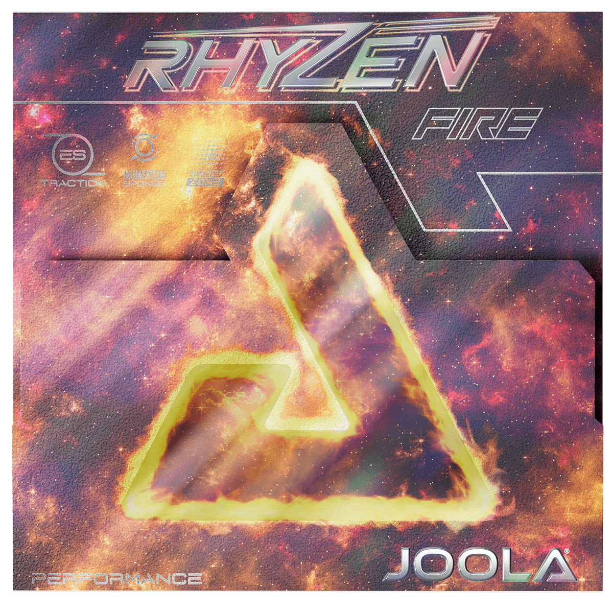 JOOLA Rhyzen Fire Tischtennisbelag mit feuriger Weltraum-Grafik und Performance-Logo.