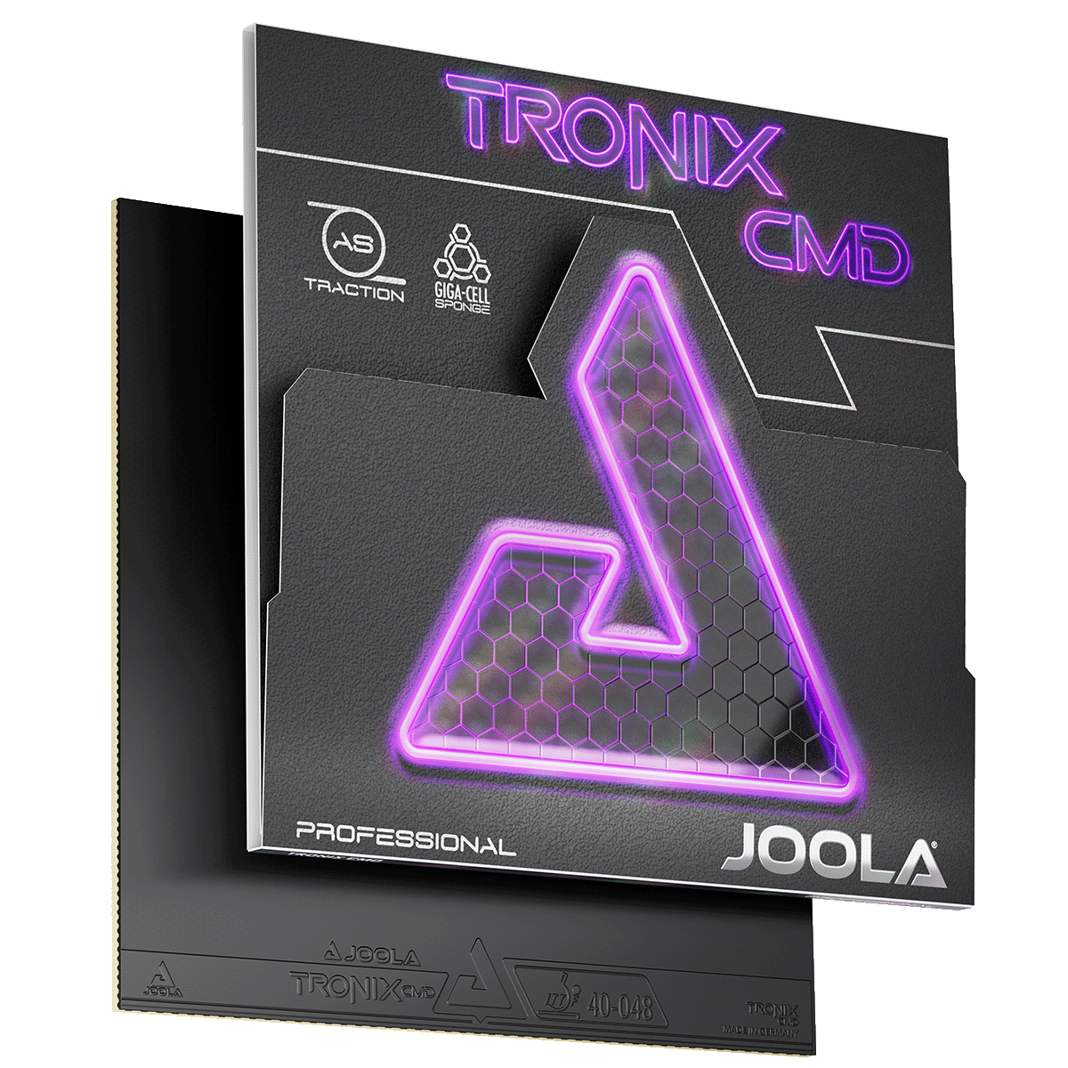 Schwarze JOOLA TRONIX CMD Tischtennisbelag-Verpackung mit violett leuchtendem Logo.