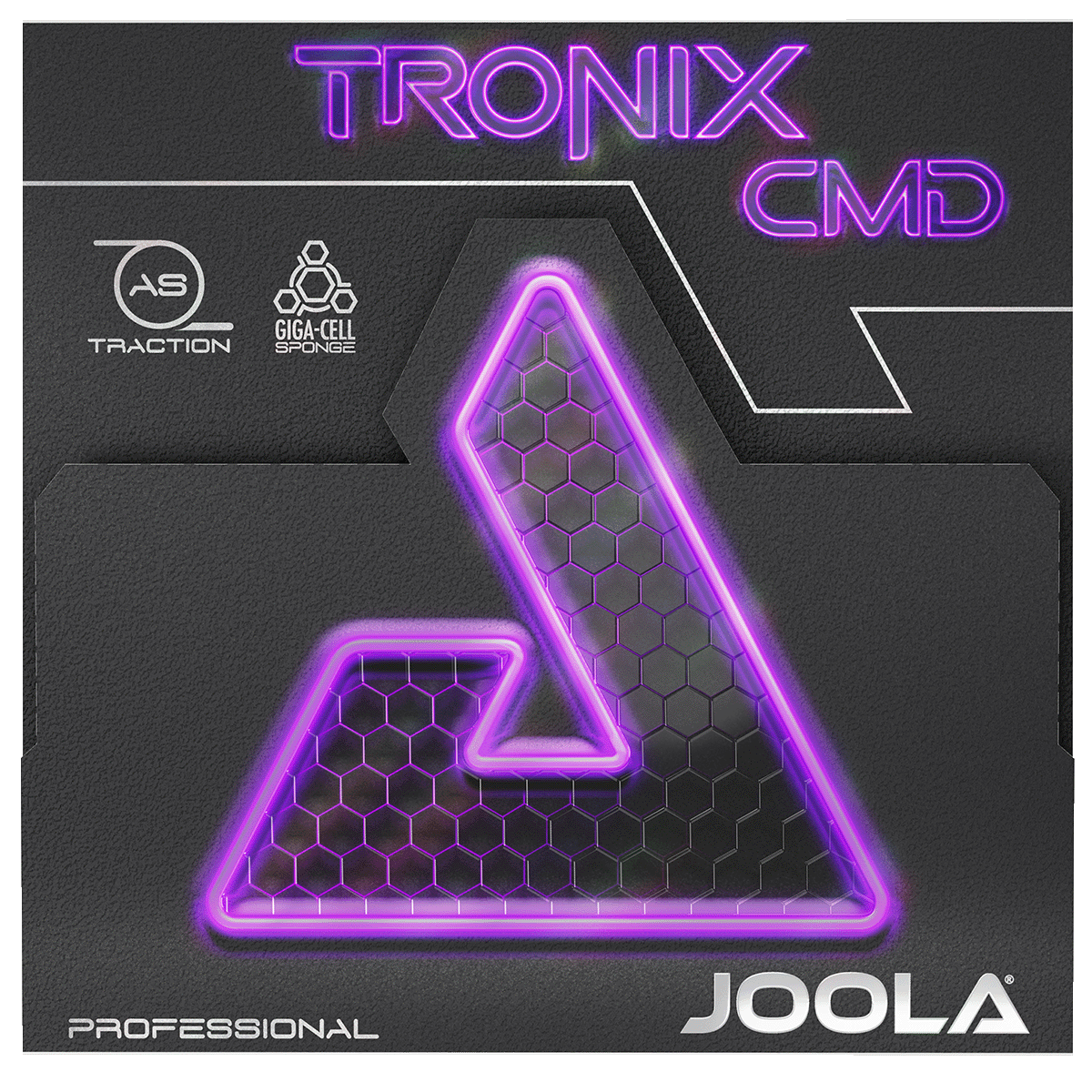 Verpackung des JOOLA Tischtennisbelags Tronix CMD mit neon-lila Logo und Schriftzug.