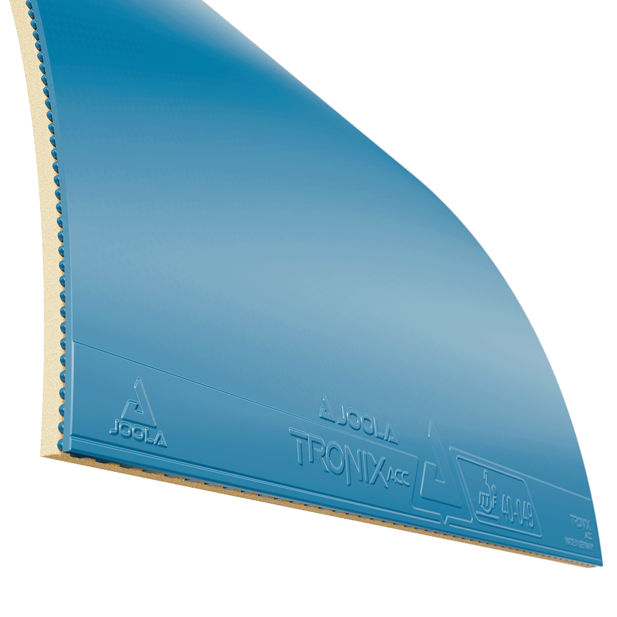 Blauer JOOLA Tronix ACC Tischtennisbelag mit Schwamm, Nahaufnahme.