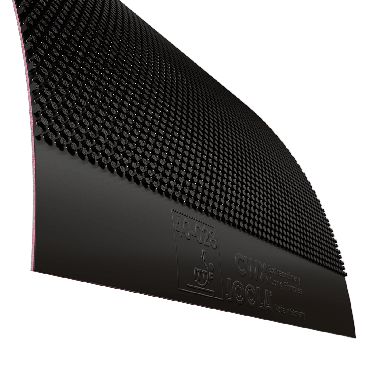 Nahaufnahme eines schwarzen Tischtennisbelags mit Noppenstruktur und eingeprägter Beschriftung.