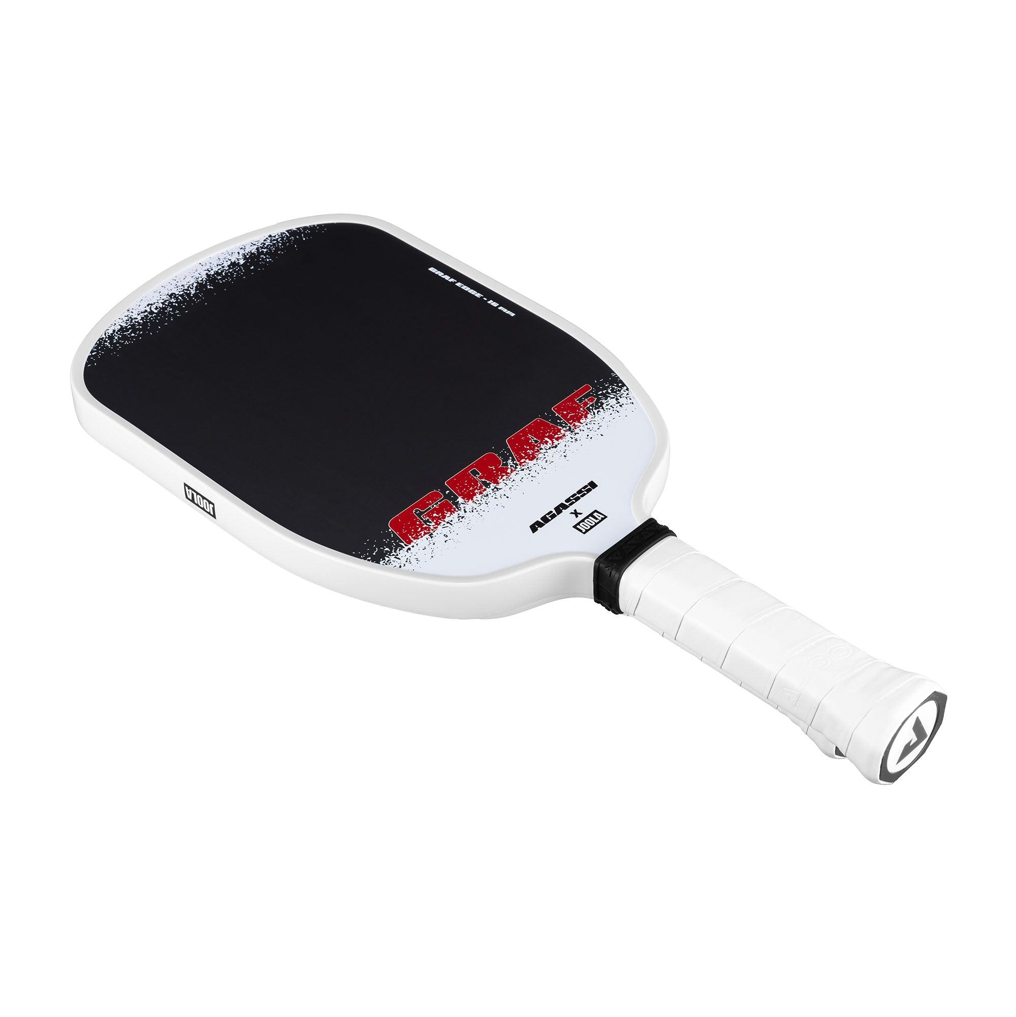 Pickleball-Schläger mit schwarzer Schlagfläche, weißem Griff und rotem Schriftzug "GRAF".