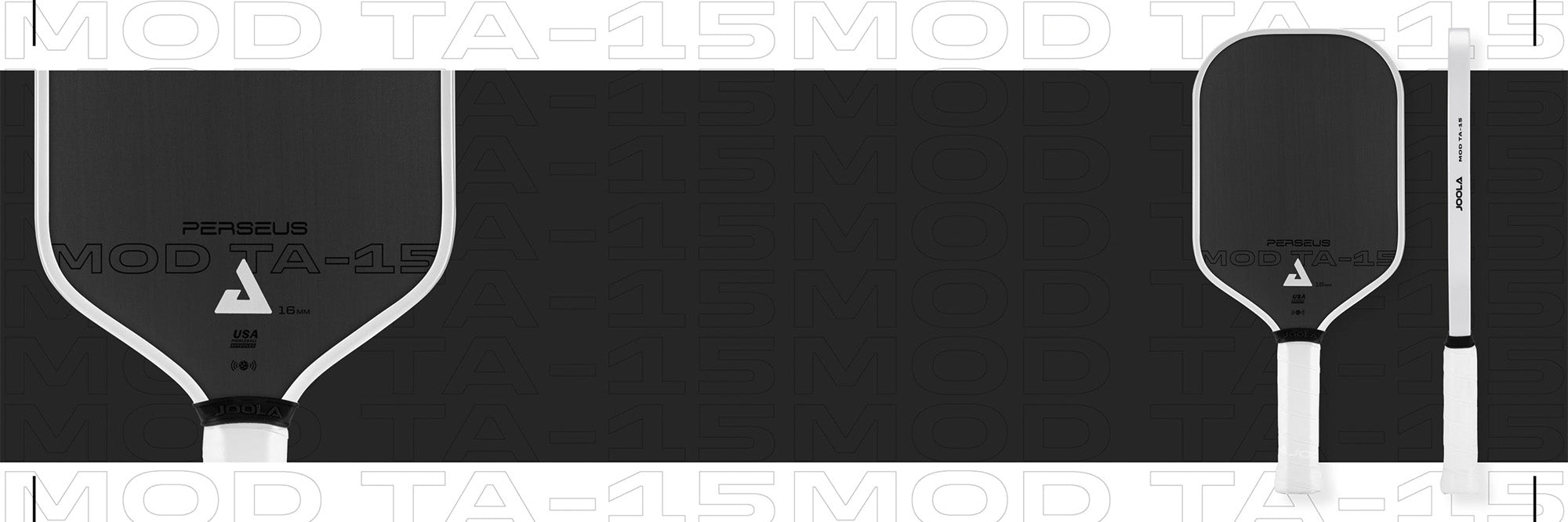 Schwarzer JOOLA Perseus MOD TA-15 Pickleball-Schläger mit weißem Griff, 16 mm Dicke, Vorder-, Rück- und Seitenansicht.