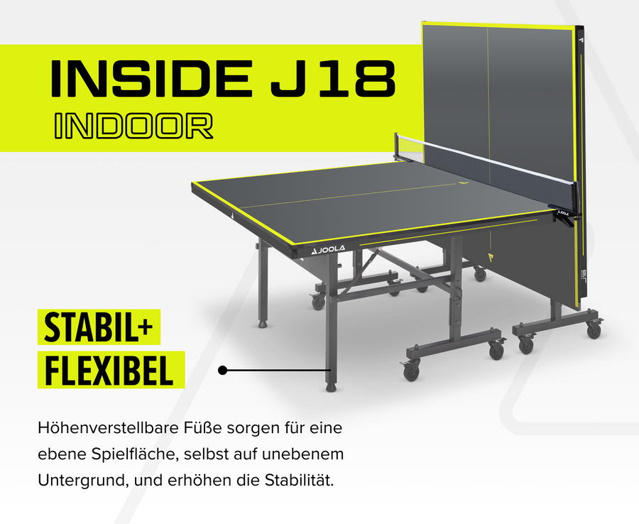 Tischtennisplatte JOOLA Inside J18 Indoor mit höhenverstellbaren Füßen, stabil und flexibel, schwarz-gelb.