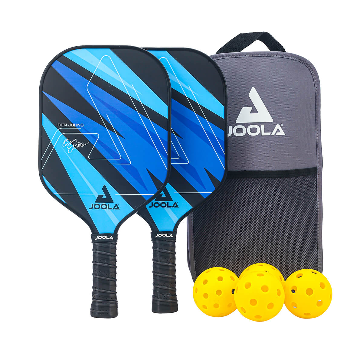 Zoom auf das JOOLA Pickleball Set Elemental Netz + 2x Ben Johns Blue Lightning Set, betont das hochwertige Material.